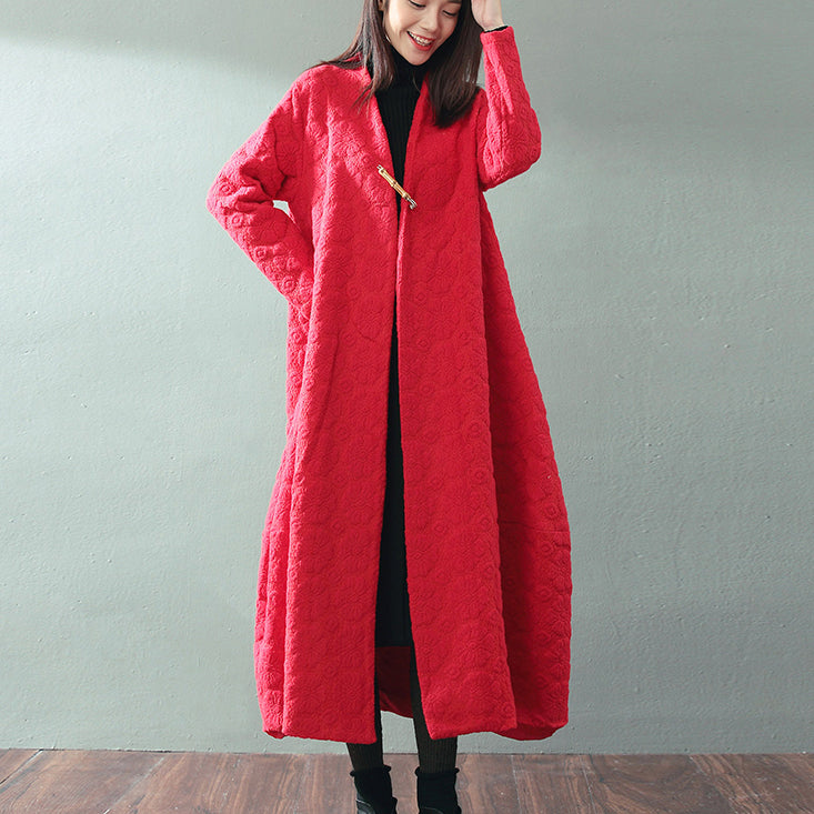 Boutique roter Maximantel trendiger Übergrößen-V-Ausschnitt Baggy-Mäntel feiner Jacquard-Wollmantel