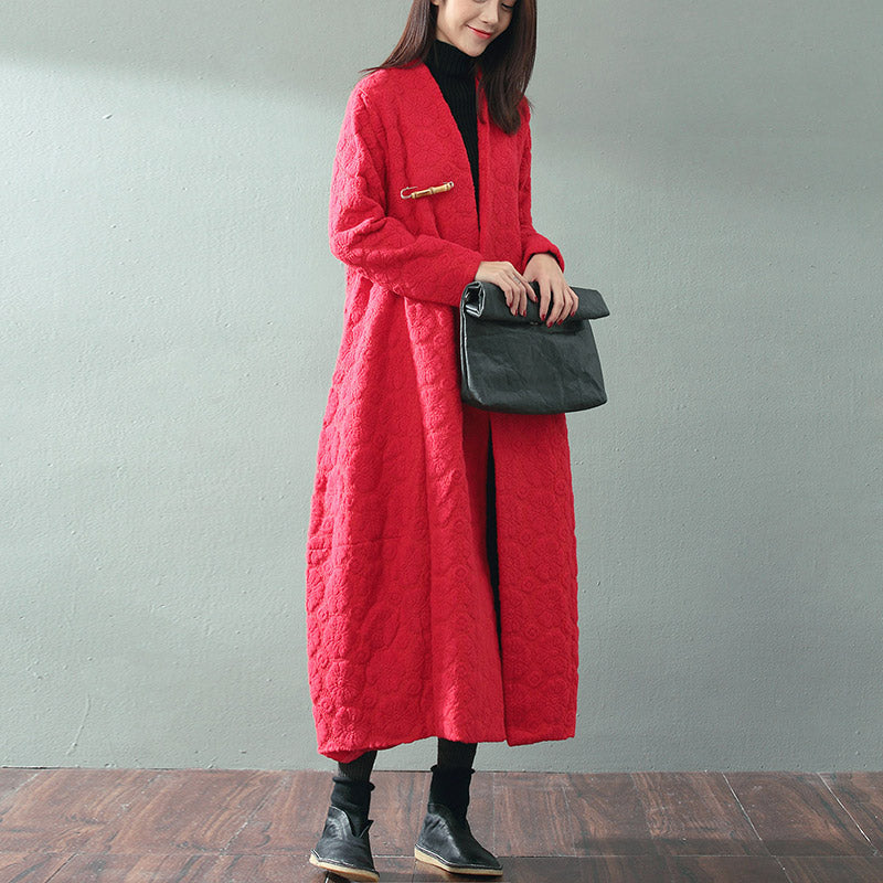 Boutique roter Maximantel trendiger Übergrößen-V-Ausschnitt Baggy-Mäntel feiner Jacquard-Wollmantel