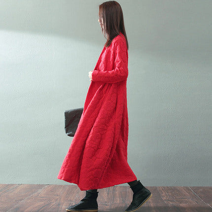 Boutique roter Maximantel trendiger Übergrößen-V-Ausschnitt Baggy-Mäntel feiner Jacquard-Wollmantel