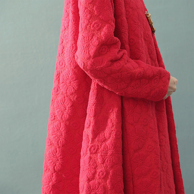 Boutique roter Maximantel trendiger Übergrößen-V-Ausschnitt Baggy-Mäntel feiner Jacquard-Wollmantel