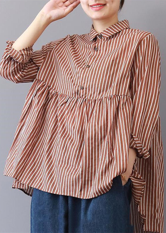 Boutique rot gestreifte Leinenbluse Plus Size Reisekleidung feine Patchwork-Leinenblusen mit Reverskragen