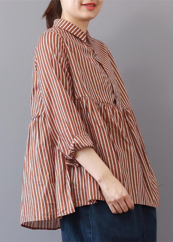 Boutique rot gestreifte Leinenbluse Plus Size Reisekleidung feine Patchwork-Leinenblusen mit Reverskragen