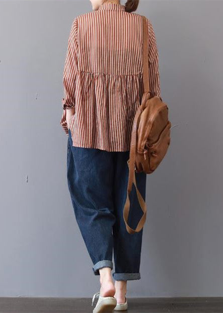 Boutique rot gestreifte Leinenbluse Plus Size Reisekleidung feine Patchwork-Leinenblusen mit Reverskragen