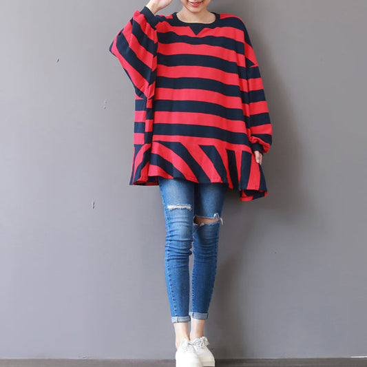 boutique red striped natural cotton t shirt plus size cotton clothing blouses fine patchwork o neck cotton t shirt