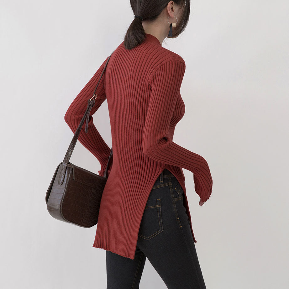 Boutique rote Pullover Oversize V-Ausschnitt Taschen Pullover feine Seite offen Winterpullover