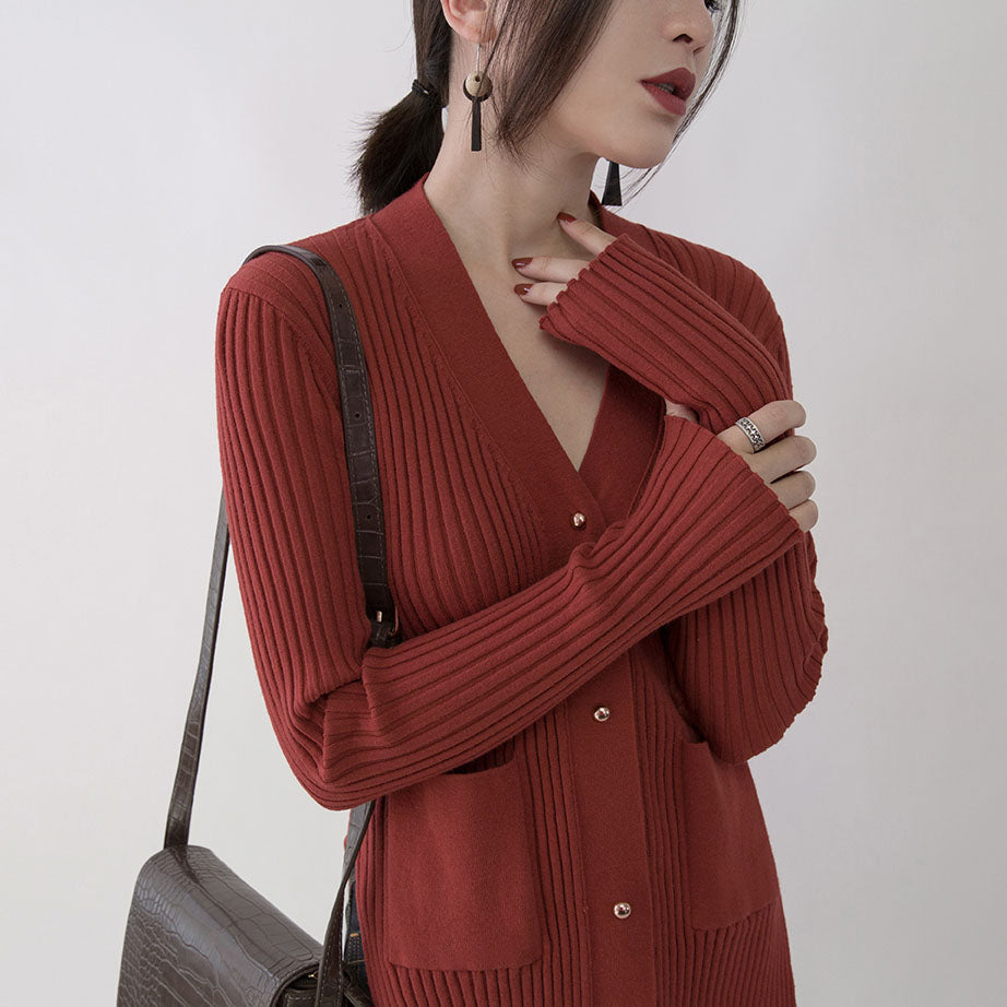 Boutique rote Pullover Oversize V-Ausschnitt Taschen Pullover feine Seite offen Winterpullover