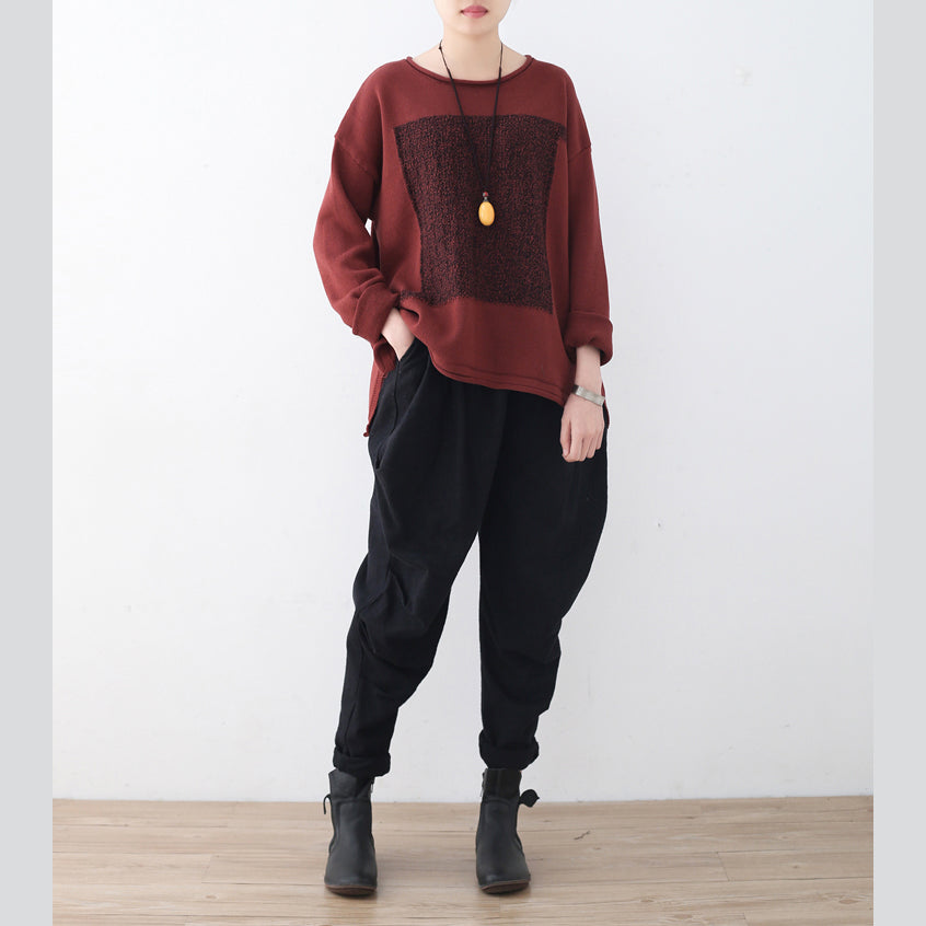Boutique roter Winterpullover Oversize Patchwork Strickblusen Vintage O-Ausschnitt Top