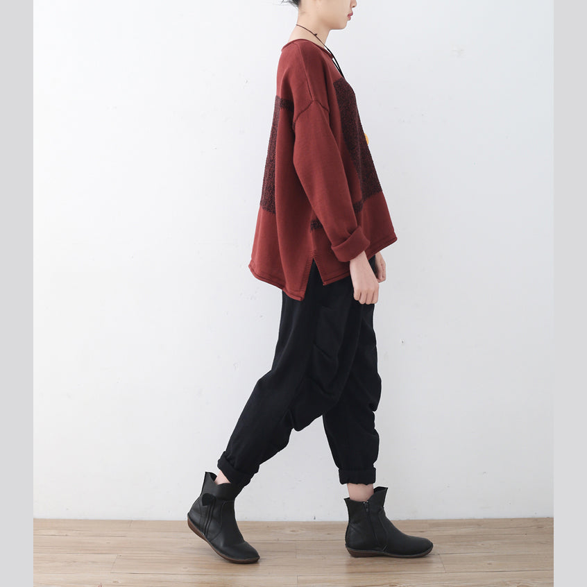 Boutique roter Winterpullover Oversize Patchwork Strickblusen Vintage O-Ausschnitt Top