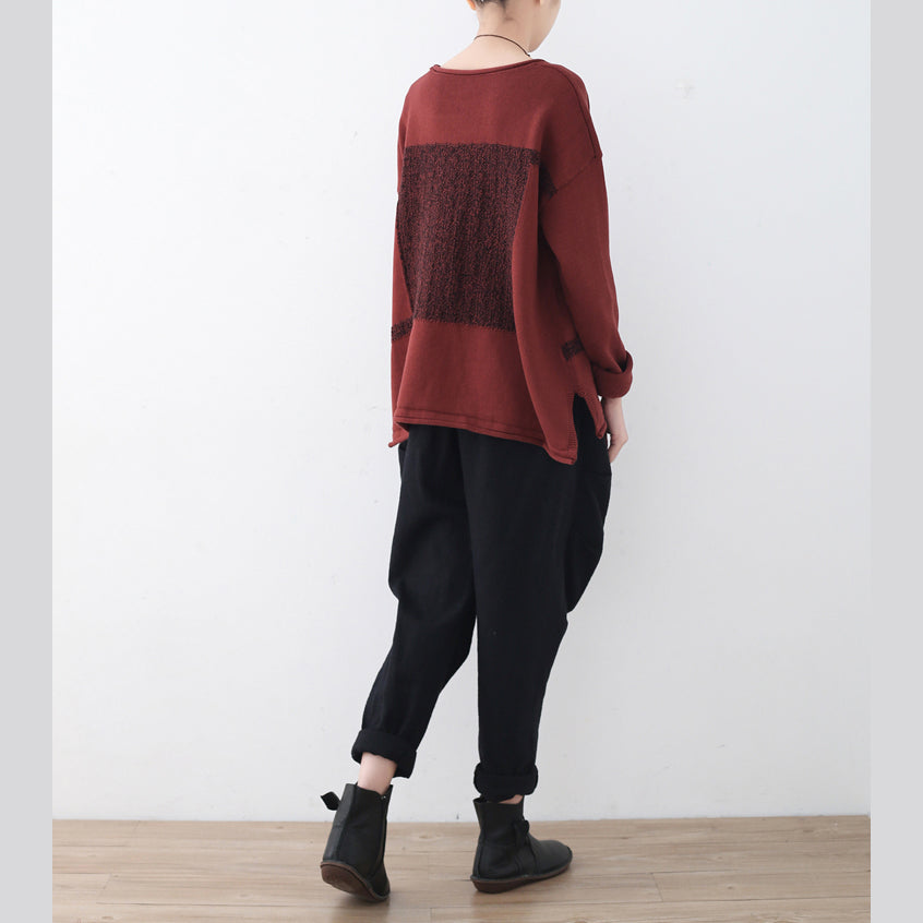 Boutique roter Winterpullover Oversize Patchwork Strickblusen Vintage O-Ausschnitt Top