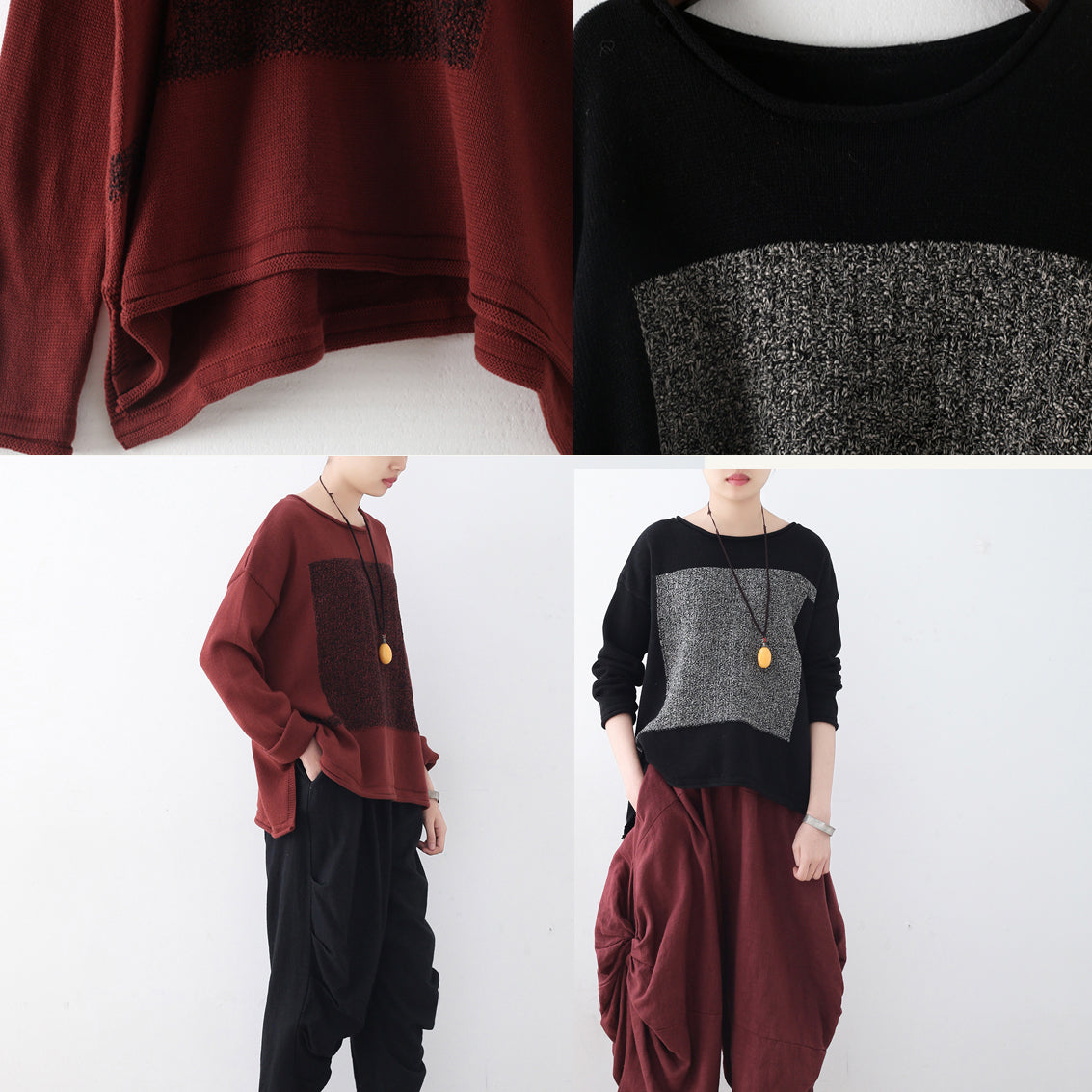 Boutique roter Winterpullover Oversize Patchwork Strickblusen Vintage O-Ausschnitt Top