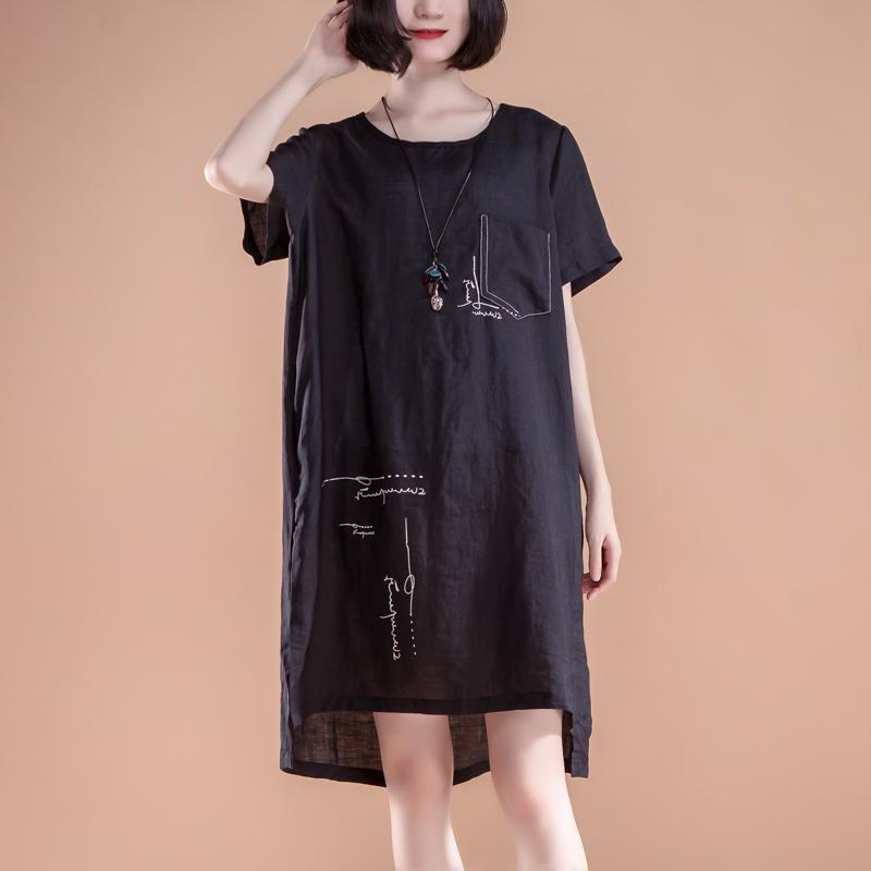 Boutique Sommerkleider Locker sitzendes High-Low-Saum Sommer Kurzarm Taschen Schlitz Schwarzes Kleid