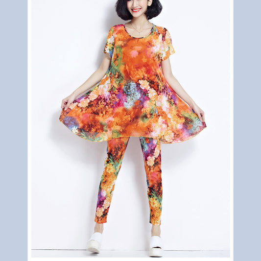 Boutique-Tops aus reiner Baumwolle mit gelbem Aufdruck, Oversize-Baumwollkleidung, Blusen, neue Kurzarm-Zweiteiler und Crop-Hosen