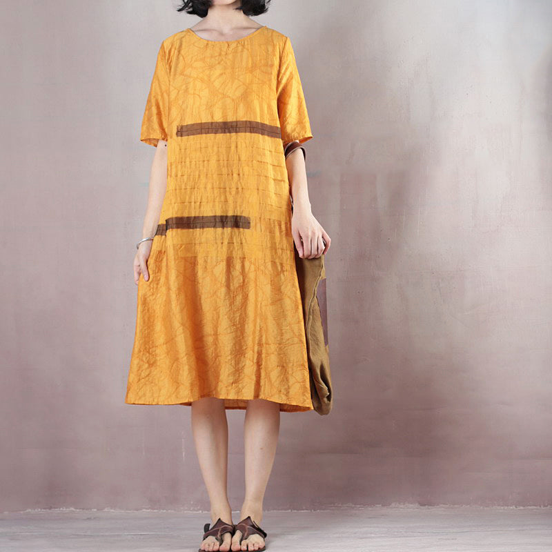 Boutique gelbe Kleider aus reinem Leinen übergroßes Leinenkleid lässiges kurzärmliges Jacquard-Leinenkleid mit O-Ausschnitt