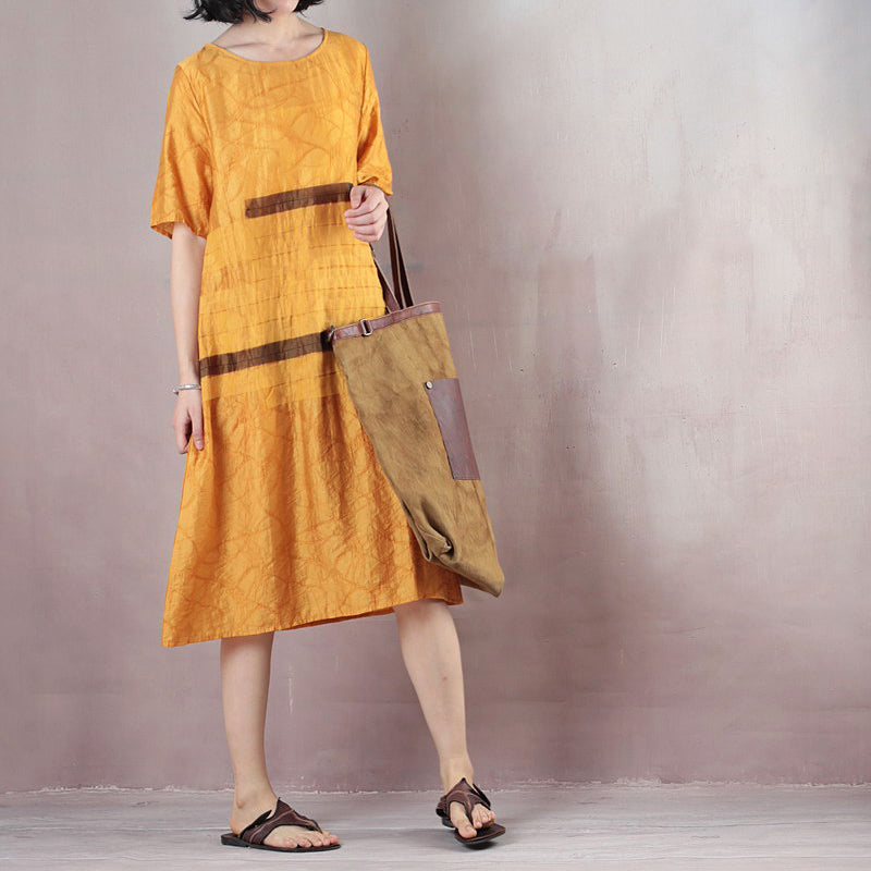 Boutique gelbe Kleider aus reinem Leinen übergroßes Leinenkleid lässiges kurzärmliges Jacquard-Leinenkleid mit O-Ausschnitt
