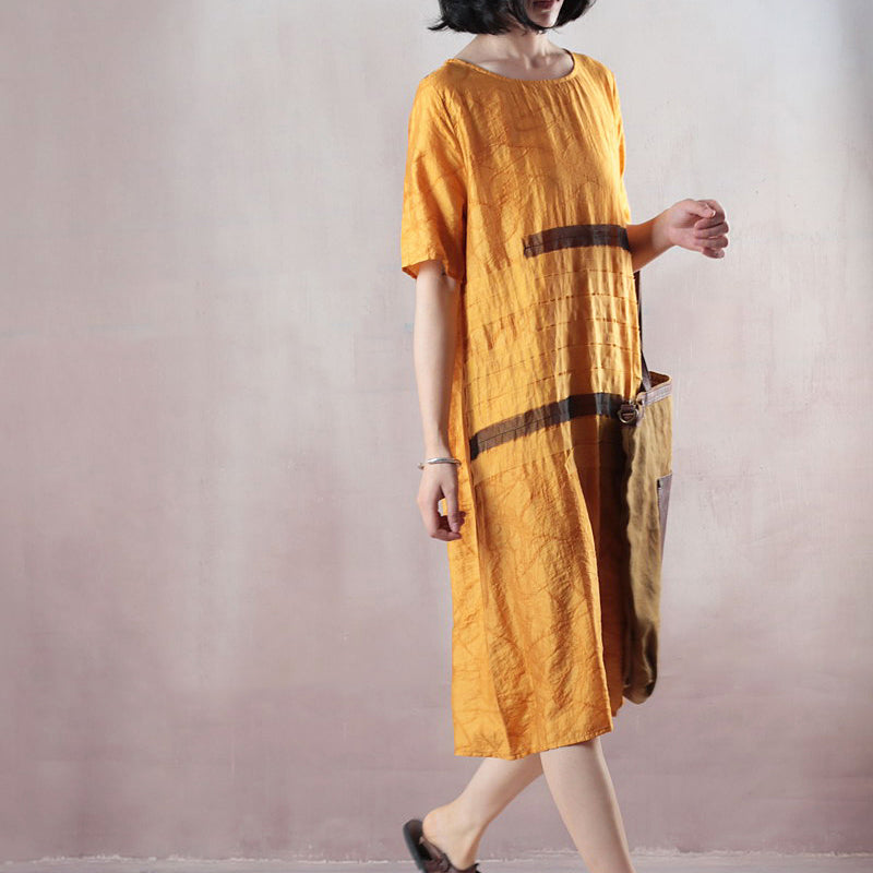 Boutique gelbe Kleider aus reinem Leinen übergroßes Leinenkleid lässiges kurzärmliges Jacquard-Leinenkleid mit O-Ausschnitt