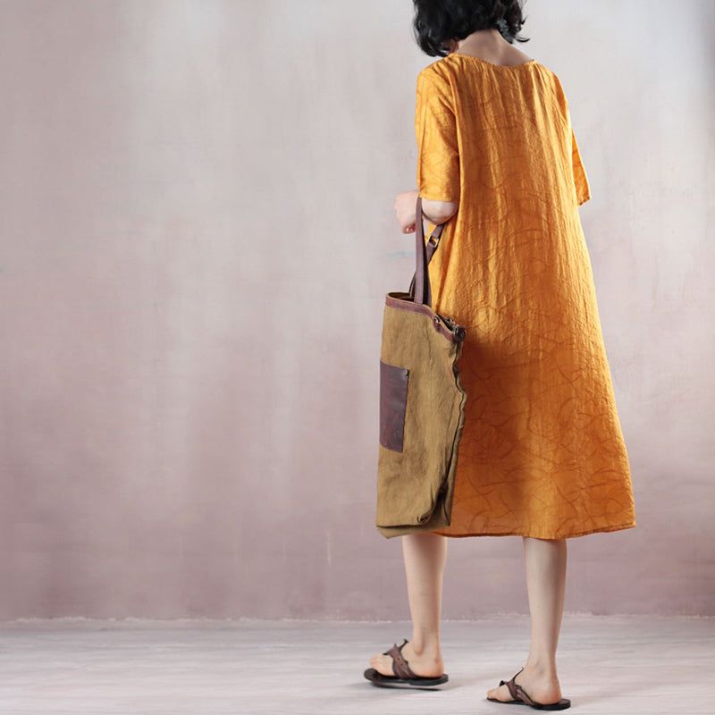 Boutique gelbe Kleider aus reinem Leinen übergroßes Leinenkleid lässiges kurzärmliges Jacquard-Leinenkleid mit O-Ausschnitt