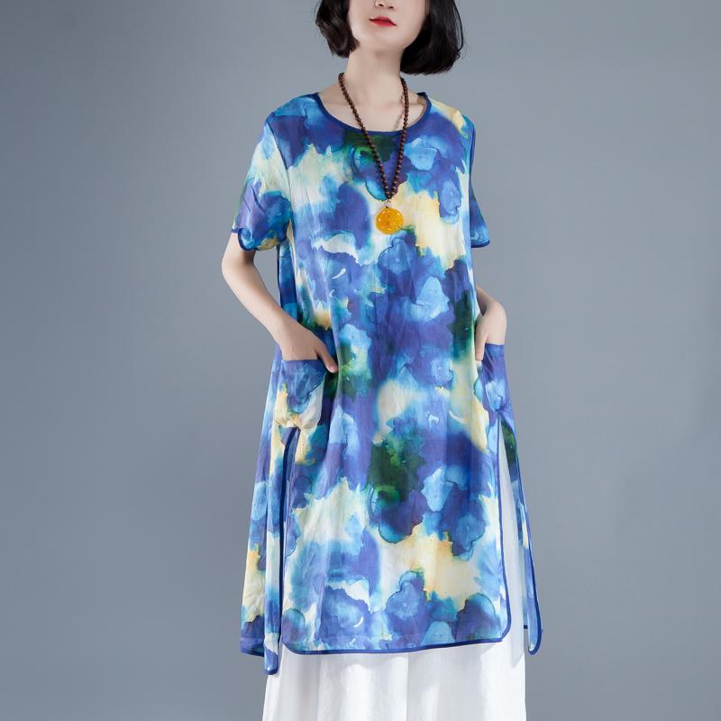 kurzes Leinen-Sommerkleid, trendiges Plus-Size-Kurzarm-Schlitz-Sommerkleid mit lässigem Print