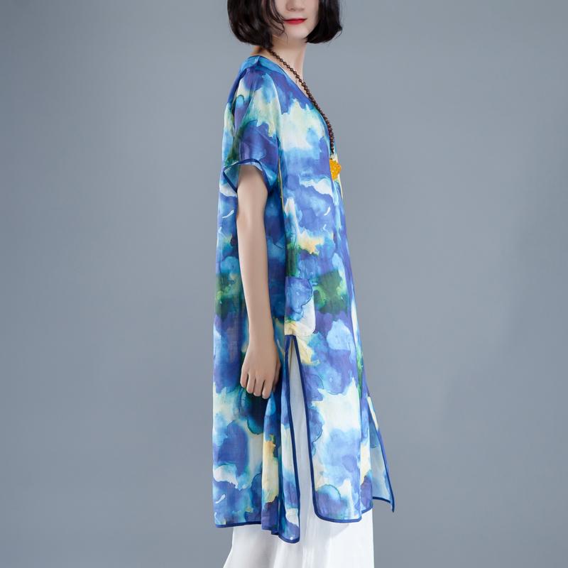 kurzes Leinen-Sommerkleid, trendiges Plus-Size-Kurzarm-Schlitz-Sommerkleid mit lässigem Print