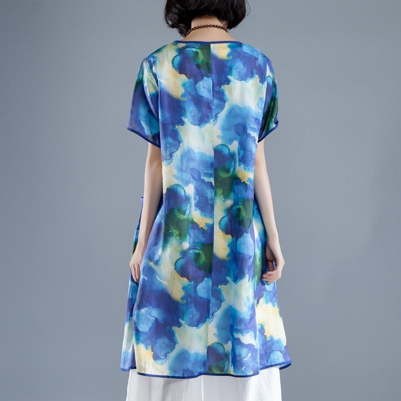kurzes Leinen-Sommerkleid, trendiges Plus-Size-Kurzarm-Schlitz-Sommerkleid mit lässigem Print