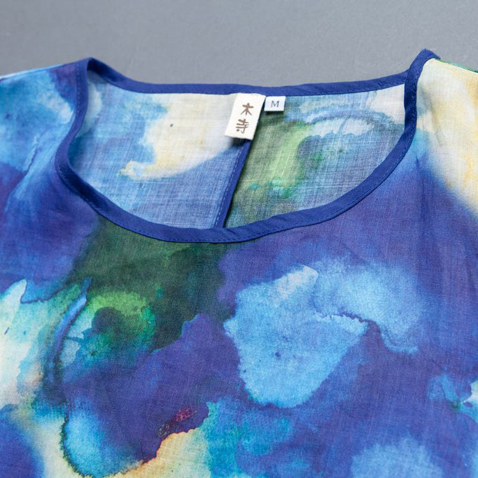 kurzes Leinen-Sommerkleid, trendiges Plus-Size-Kurzarm-Schlitz-Sommerkleid mit lässigem Print
