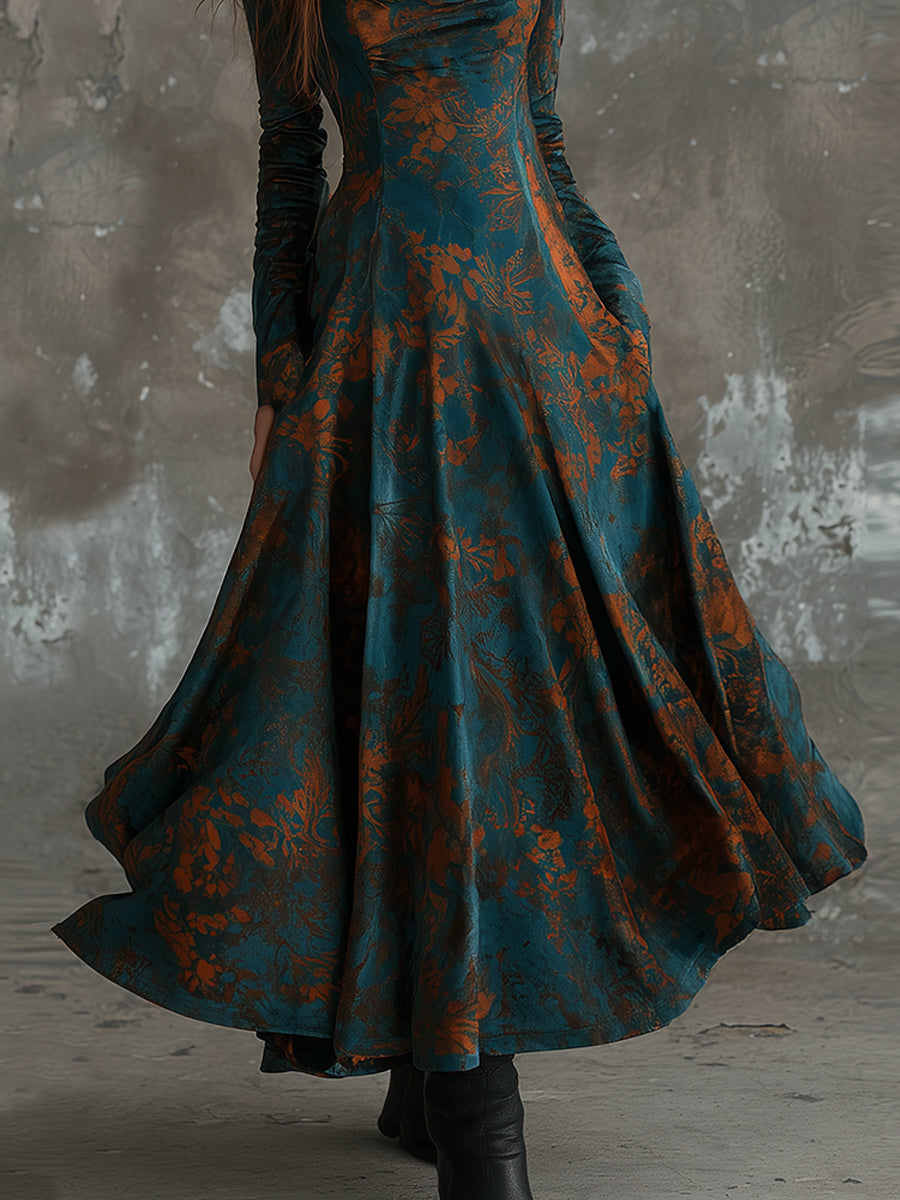 Retro Suede Printed Swag Collar A Line Maxi Dress