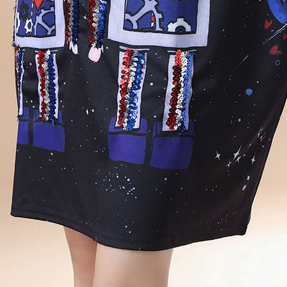 Cartoon-Print 2024 Herbst schwarze Baumwolle Freizeitkleider Plus Size Langarm Mode Etuikleid