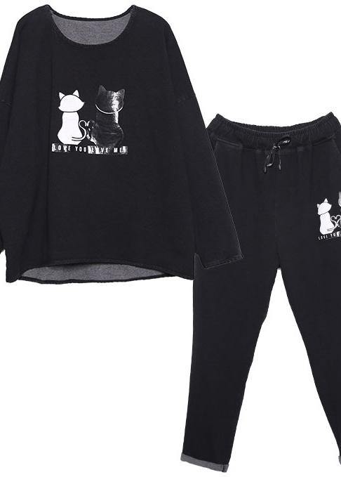 casual vintage cotton cats prints two pieces o neck long sleeve tops and elastic waist drawstring pants - SooLinen