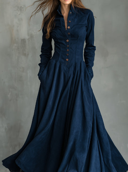 Quiet Luxury Shirt Collar Suede Slim Fit Maxi Dress