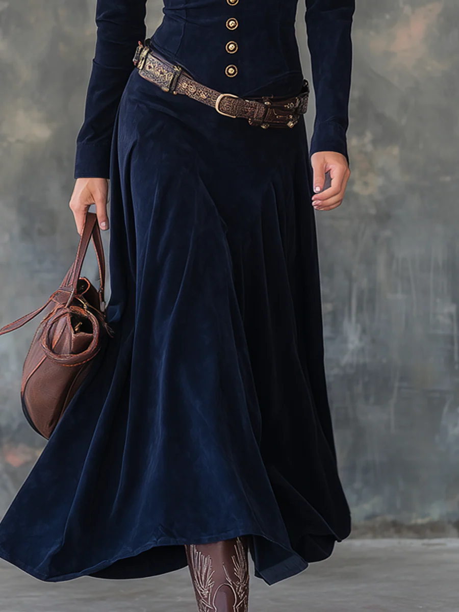Vintage Flap Pocket Polyester Suede Maxi Dress