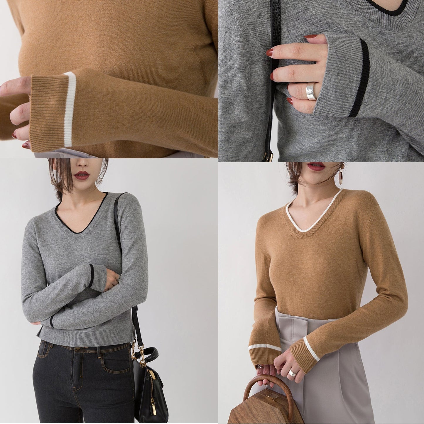 Grobstrickoberteile in Braun Herbstmode Strickblusen mit V-Ausschnitt Feine, seitlich offene Pullover