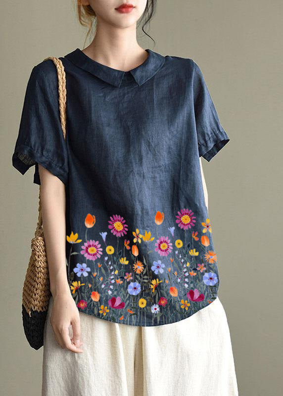 Blusas de lino de verano con cuello Peter Pan en color rosa sencillo y patchwork