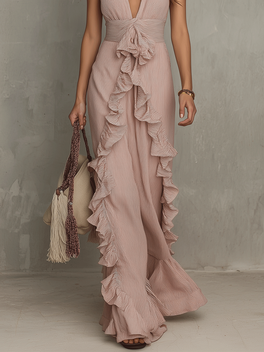 Quiet Romance Ruffle Bare Rose Halter Flow Maxi Dress
