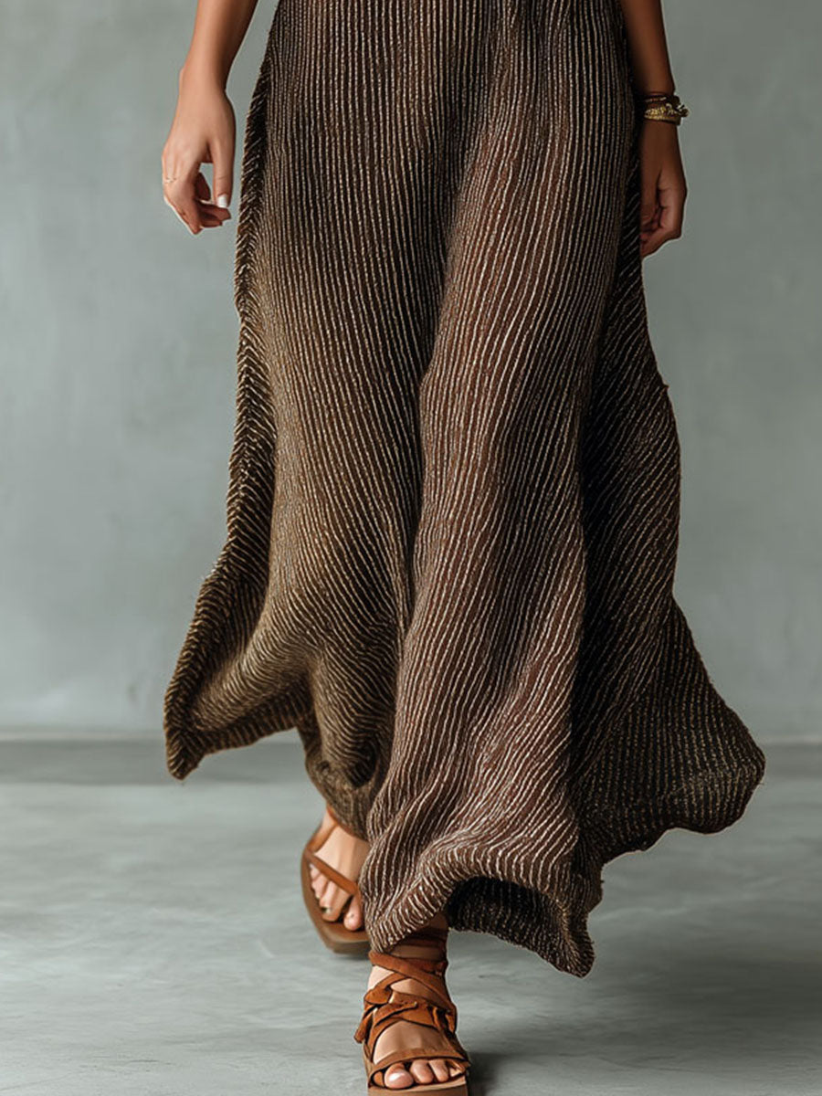 Quiet Luxury Mocha Textured Knit Strappy Relaxed Maxi Dress