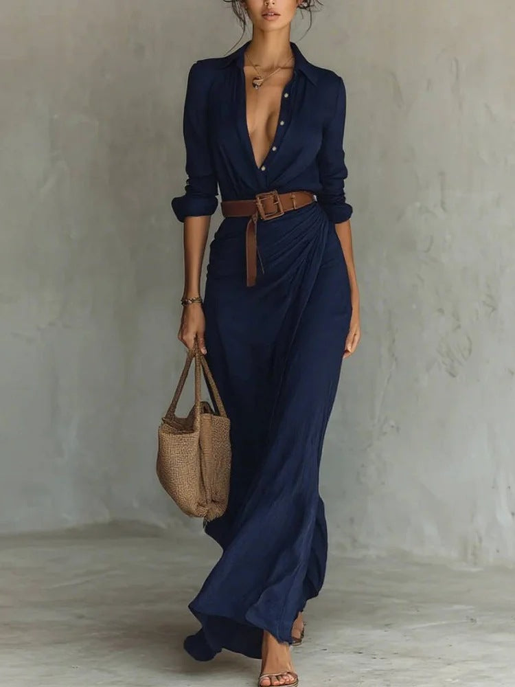 Single Breasted Long Sleeve Warp Slit Shirt Maxi Dress
