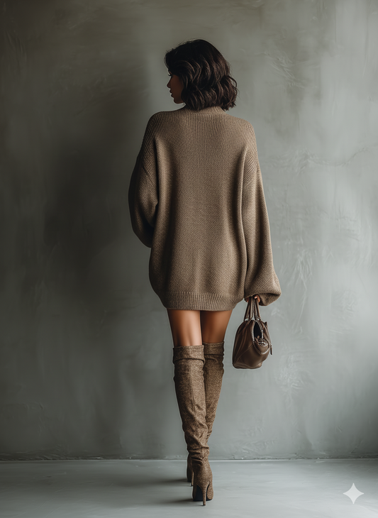 Women's Caramel Brown Vintage Style Knit Mini Dress