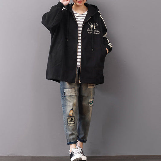 dunkelschwarze Mäntel Plus Size Kapuzenjacken Vintage Reißverschluss Jacken & Mäntel