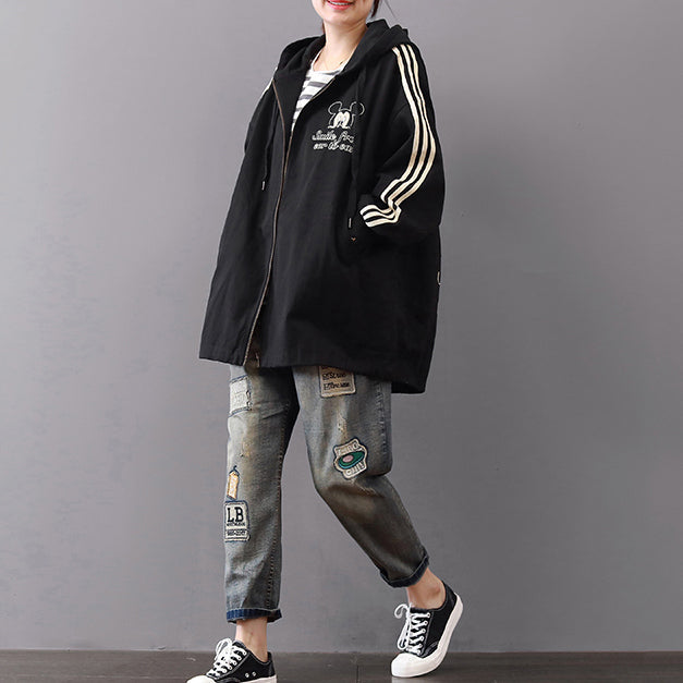 dunkelschwarze Mäntel Plus Size Kapuzenjacken Vintage Reißverschluss Jacken & Mäntel