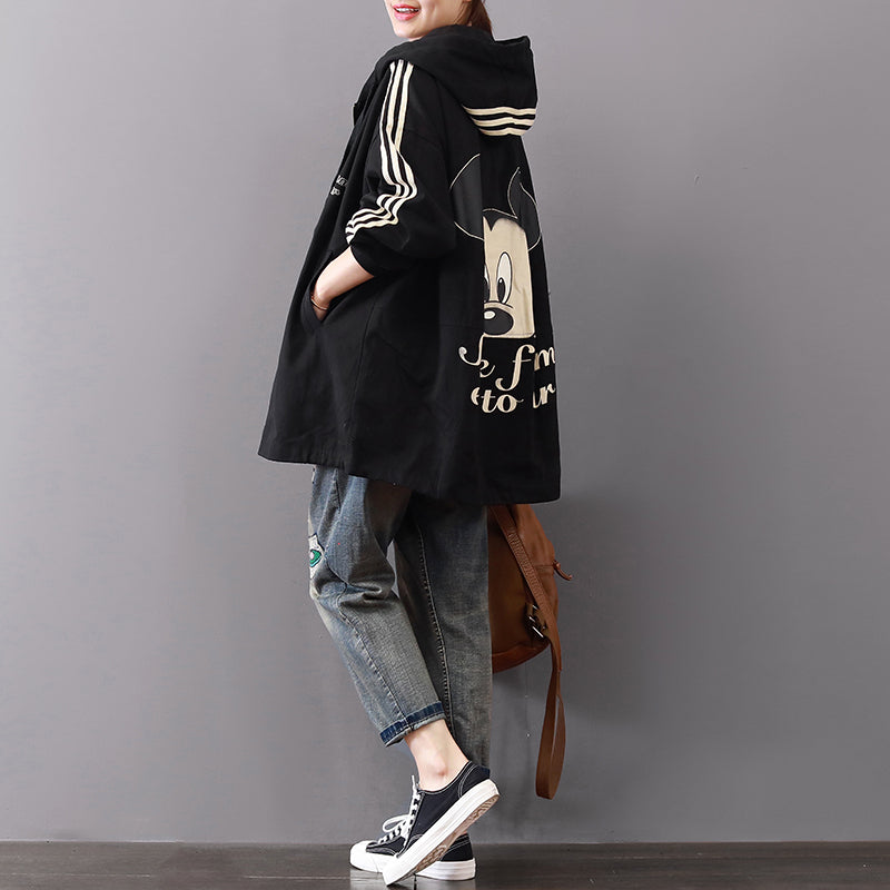 dunkelschwarze Mäntel Plus Size Kapuzenjacken Vintage Reißverschluss Jacken & Mäntel