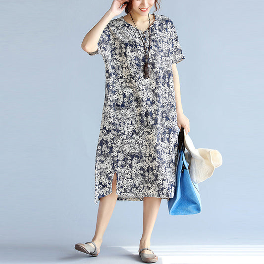 dunkle Blaupausen Midi-Chiffon-Kleider in Übergröße, seitlich offenes Midikleid mit V-Ausschnitt