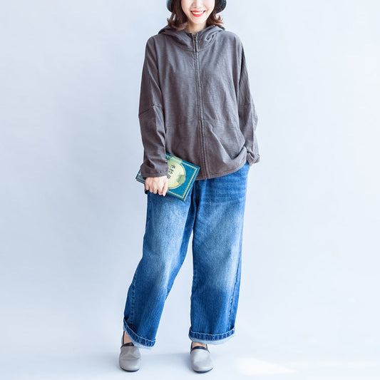 dunkelgraue Baumwolloberteile mit Reißverschluss in Übergröße mit Kapuze und Rückendrucken, Fledermausärmeln, kurze Mäntel