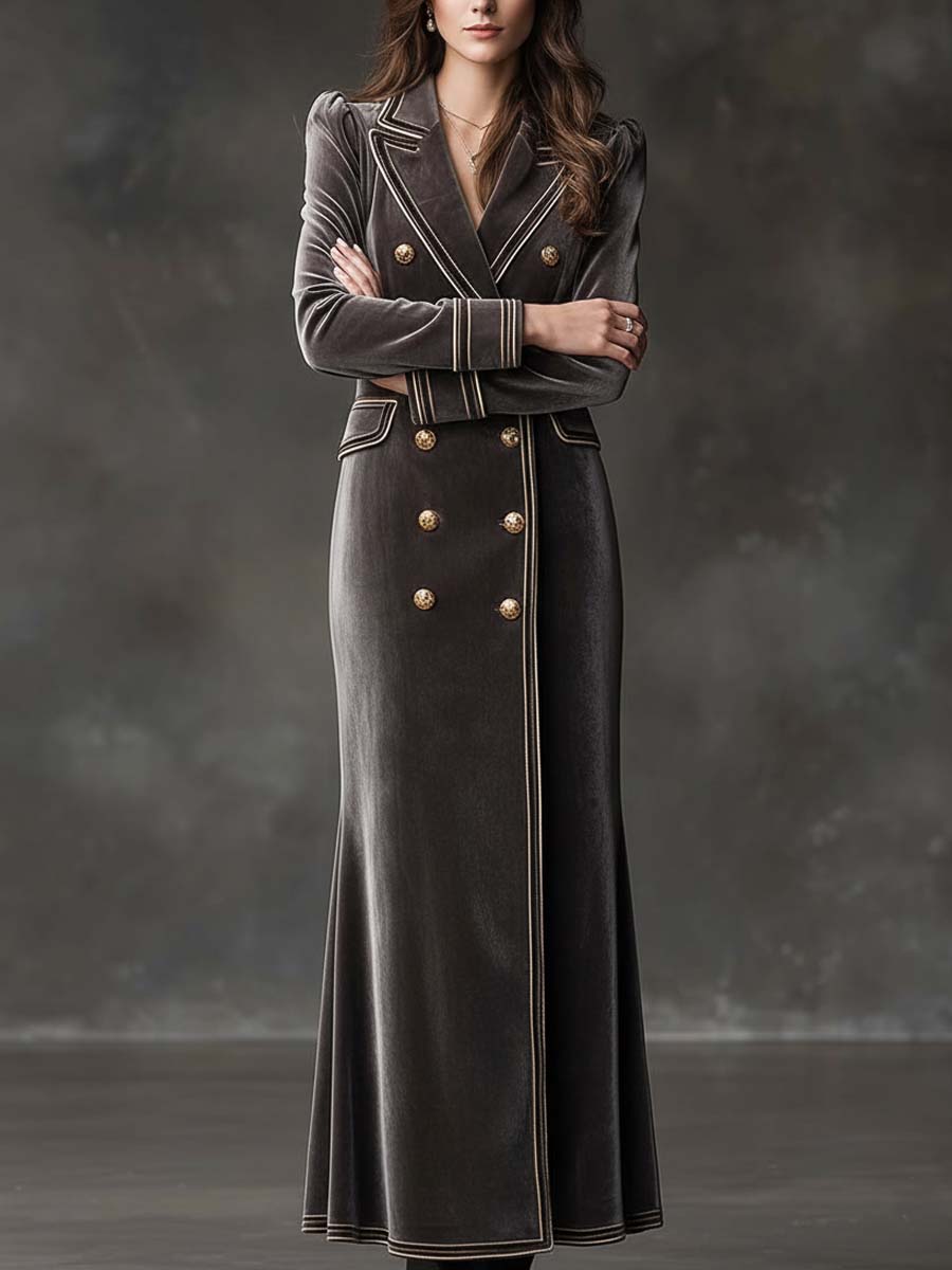 Velvet Double-Breasted Maxi Dress With Gold Trim