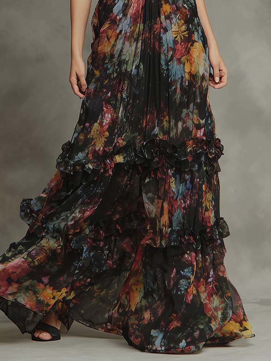 Bohemian Multicolor Abstract Chiffon Tiered Maxi Dress