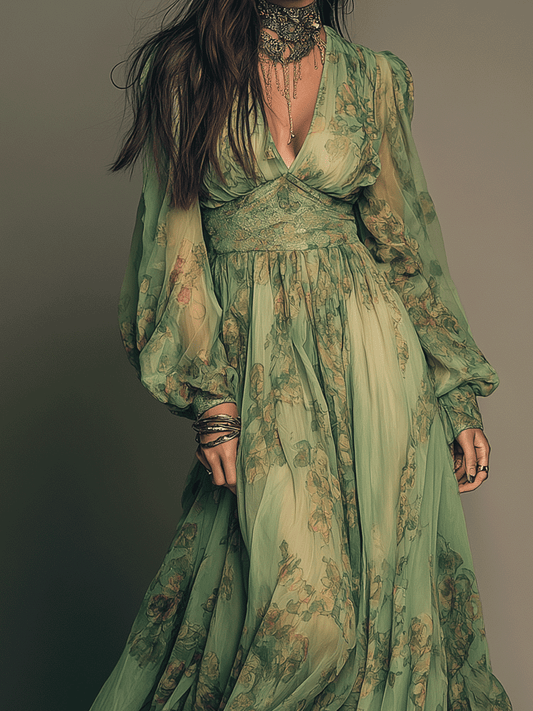 Vintage Green Bohemian Floral Ruffle Maxi Dress