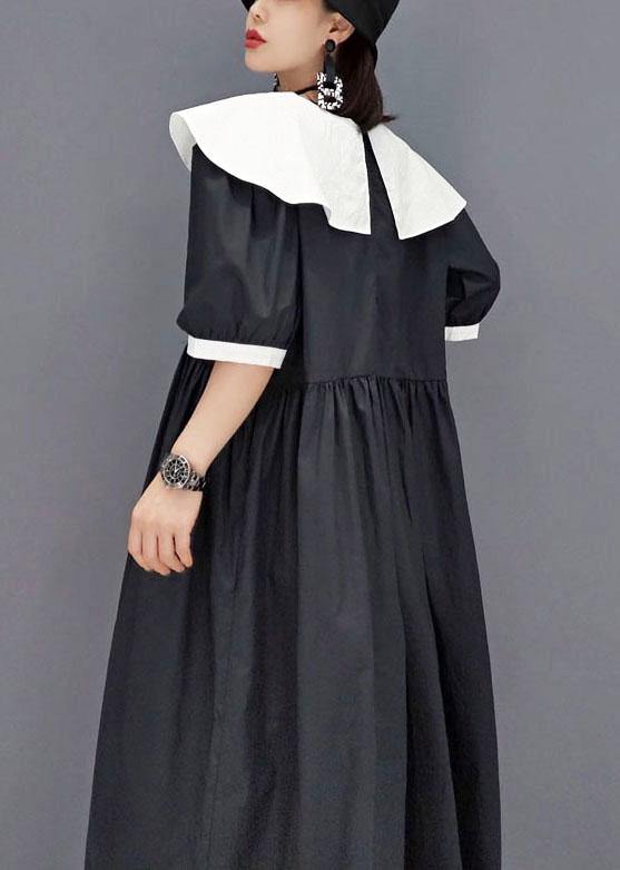 diy Black Peter Pan CollarButtonPatchwork Half Sleeve Robe Dresses Fall - SooLinen