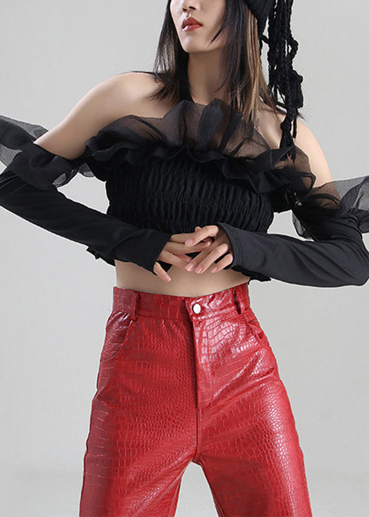 DIY Schwarzes, gekräuseltes Tüll-Top aus zerknitterter Baumwolle mit langen Ärmeln