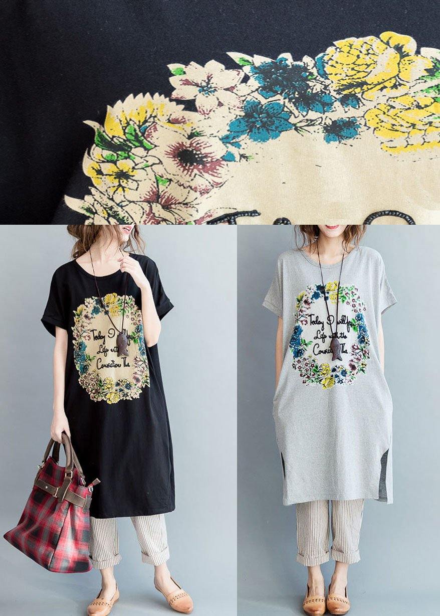 diy Black Side Open Letter O Neck Vacation Cotton Dresses - SooLinen