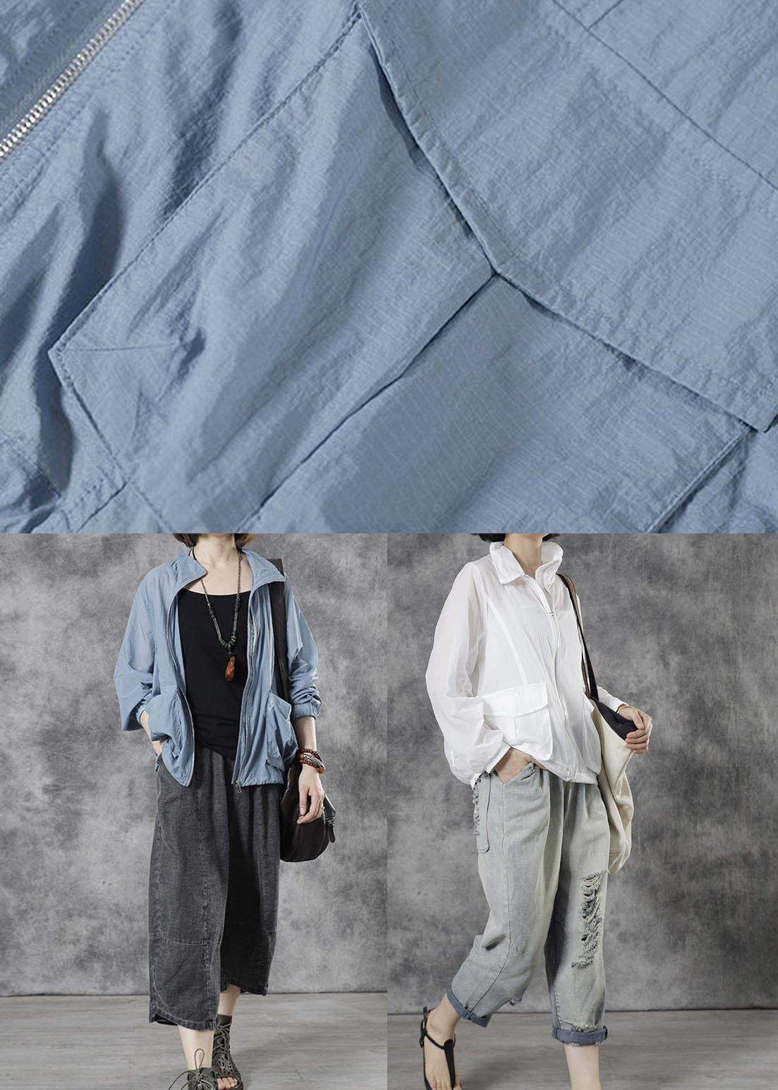 diy Blue Stand Collar Zippered Fall Long Sleeve Top - SooLinen