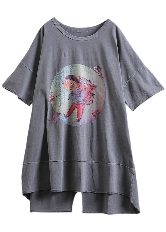 diy Grau O-Ausschnitt Print Asymmetrisches Design Herbstkleid Halbarm