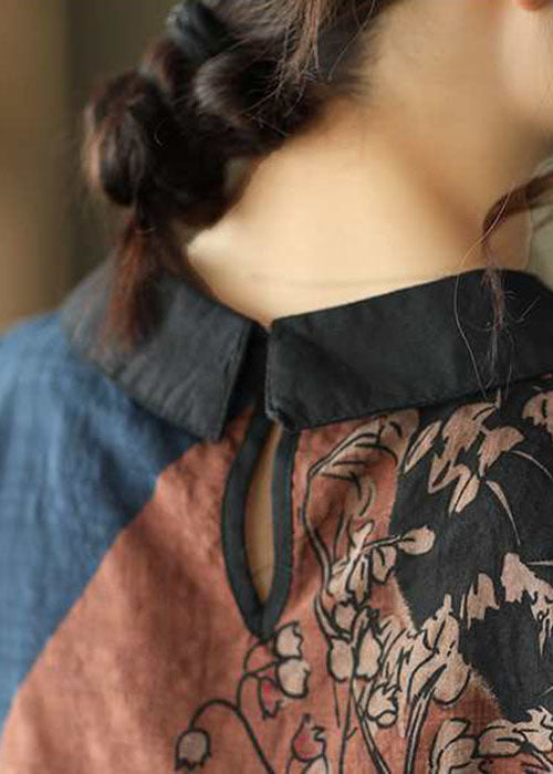 Blusa de lino con cuello Peter Pan y estampado de manga corta