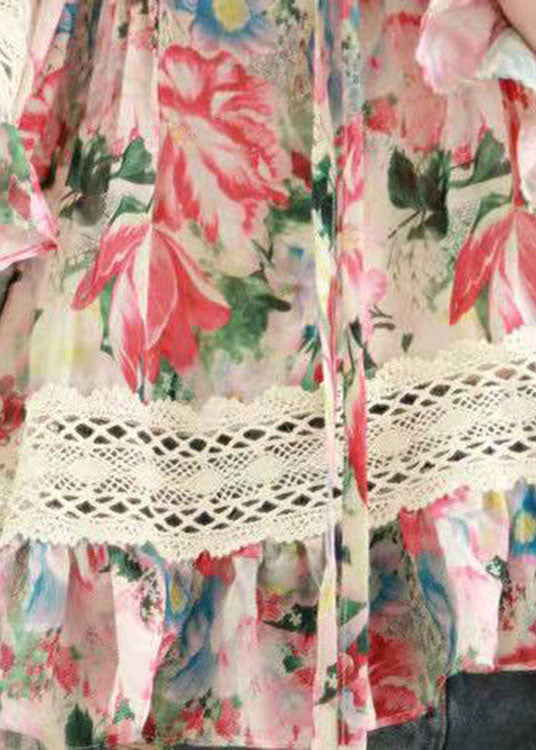 DIY Print Lace Chiffon Blusen Flare Ärmel